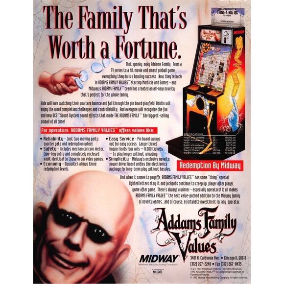 Addams Family Values Arcade Game Flyer Uncle Fester Horror Halloween Art 1993 - Picture 2 of 2